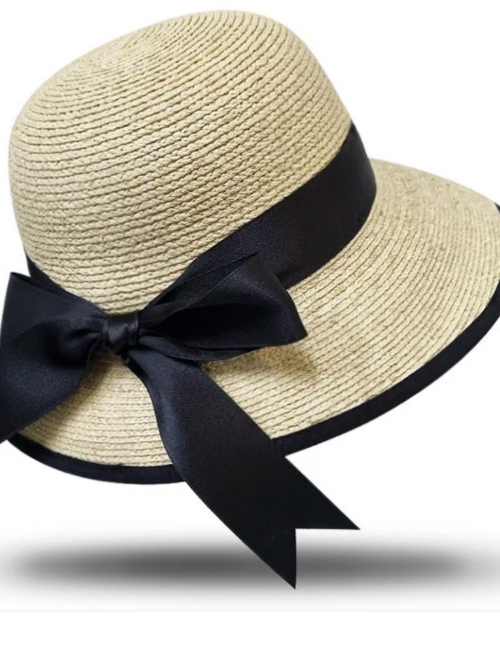 Wide-Brim Straw Sun Hat with Black Ribbon Bow
